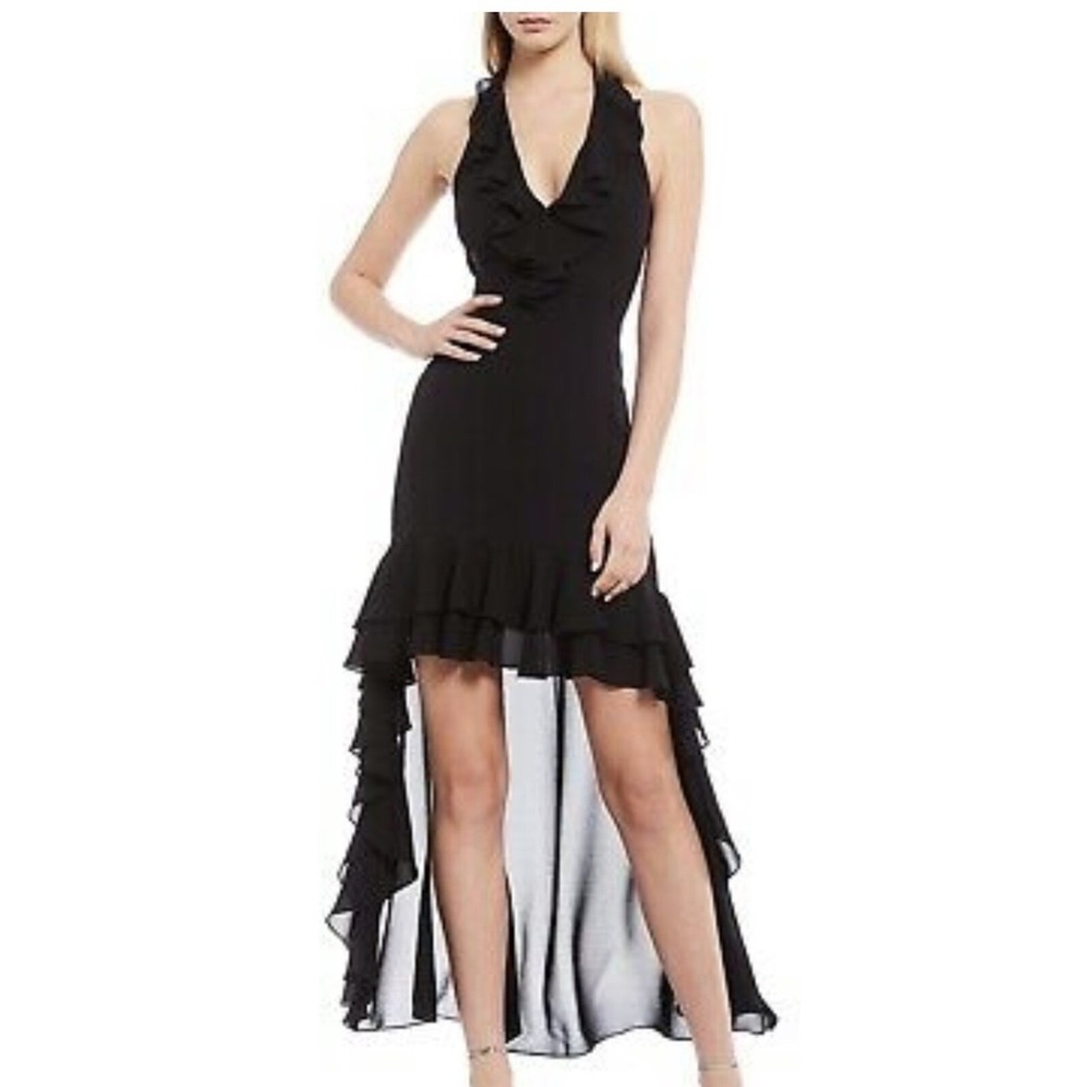 Belle Badgley Mischka Black Halter Maxi Dress Ruffle Backless Size 6 NWT